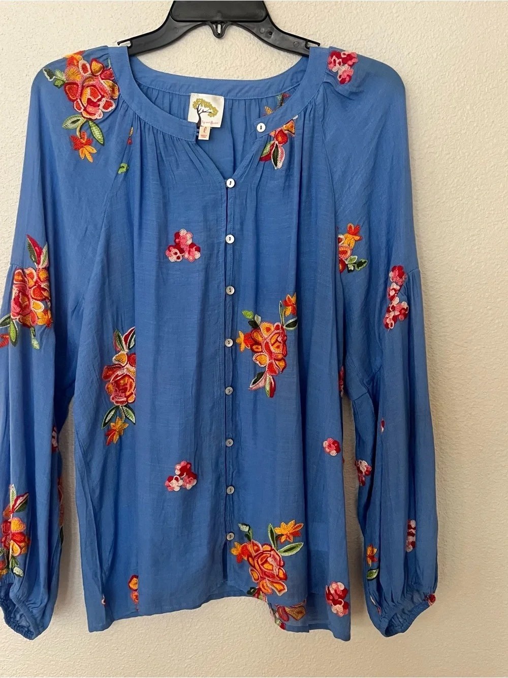 fig and flower Blue Button-Front Top with Multicolor Floral Embroidery